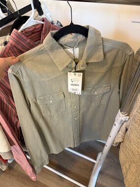 Zara Olive Green Button-Down Utility Shirt